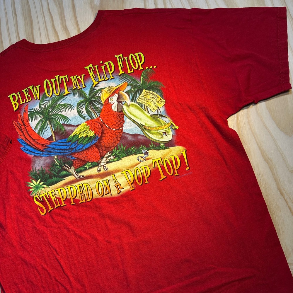 Margaritaville Mens XL Red Graphic T-Shirt Orlando Blew Out My Flip Flop Parrot